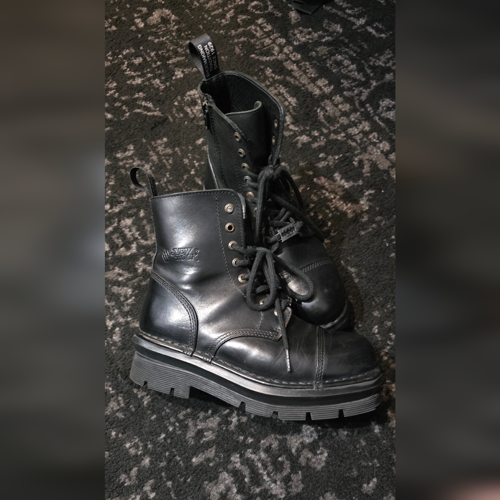 New Rock Black Leather Combat Boots